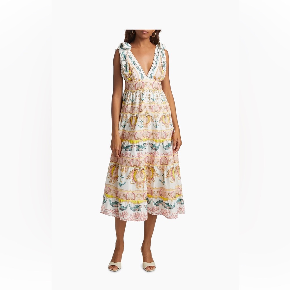 Farm Rio Maritime Magic Cotton Eyelet-Trim Midi-Dress NWT